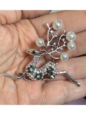 Reindeer Brooch Rhinestone Deer Faux Pearl Antlers Holiday Pin 2.25"
